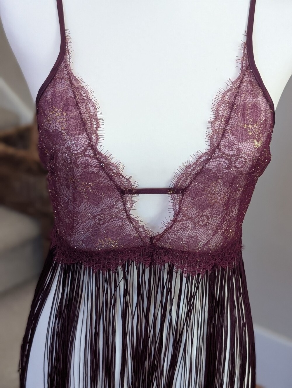 Fringe Lace Lingerie Set Burgundy Plunge Babydoll Teddy Thong 2 Piece NWT Medium - Picture 2 of 13